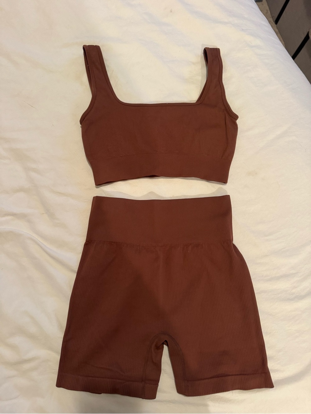 Seamless Ribbed Crop Tank & High-Waist Shorts Set - Brown